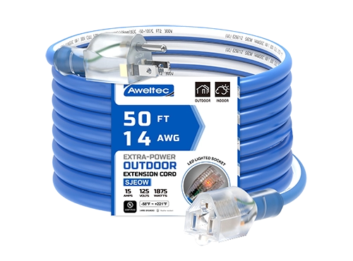 Aweltec 50 FT 14/3 SJEOOW 실외 연장 코드, 15A 1875W 조명 엔드